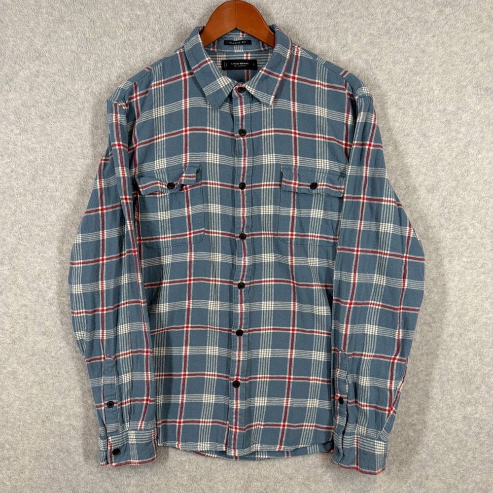 Lucky Brand Flannel Shirt Large Mens Plaid Button Up Classic Fit Blu/Red